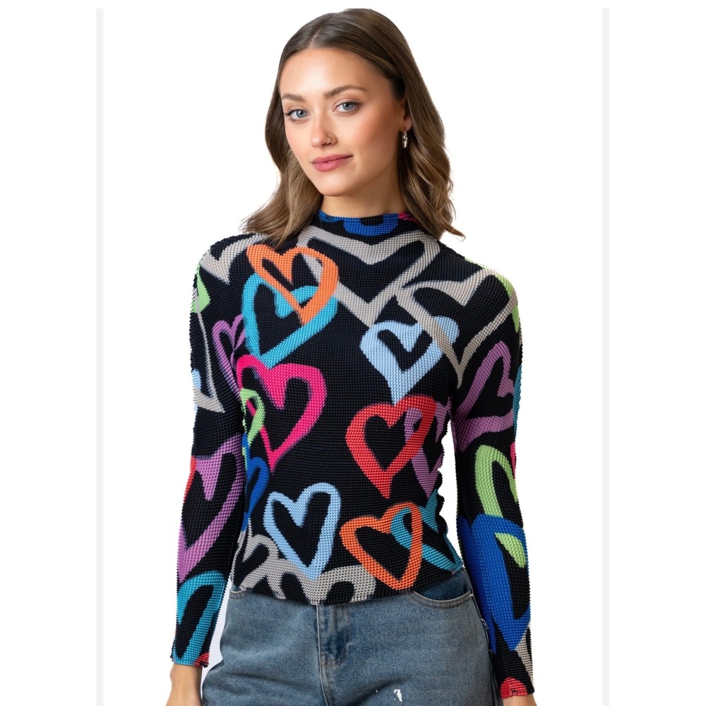 Kate Hewko Heart Print Pleated Top Womens OS Black Multi Long Sleeve Mock Neck